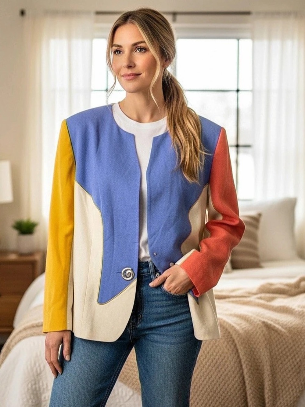 Vtg Spiegal Color Block Blazer in Blue & Cream Size 8